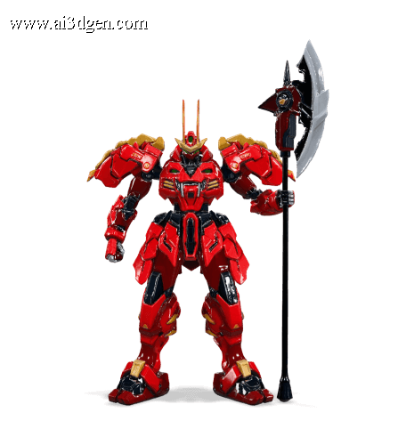 Red armored sci-fi mecha robot holding a large battle axe
