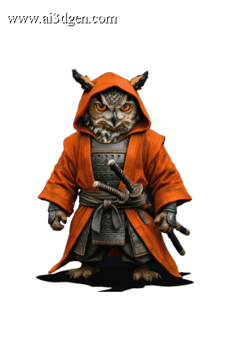 Fantasy owl warrior wearing samurai armor and an orange hooded cloak